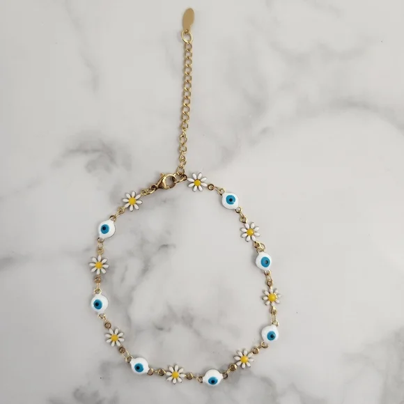 Stainless Steel White Blossom Evil Eye Gold Plated Floral Charm Anklet Bracelet - Picture 13 of 15